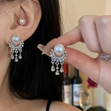 DAIIIBABYYY  -  Exquisite Pearl Crystal Tassel Drop Earrings for Women 2024 New Luxury Metal Geometric Temperament Earrings Aesthetic Jewelry